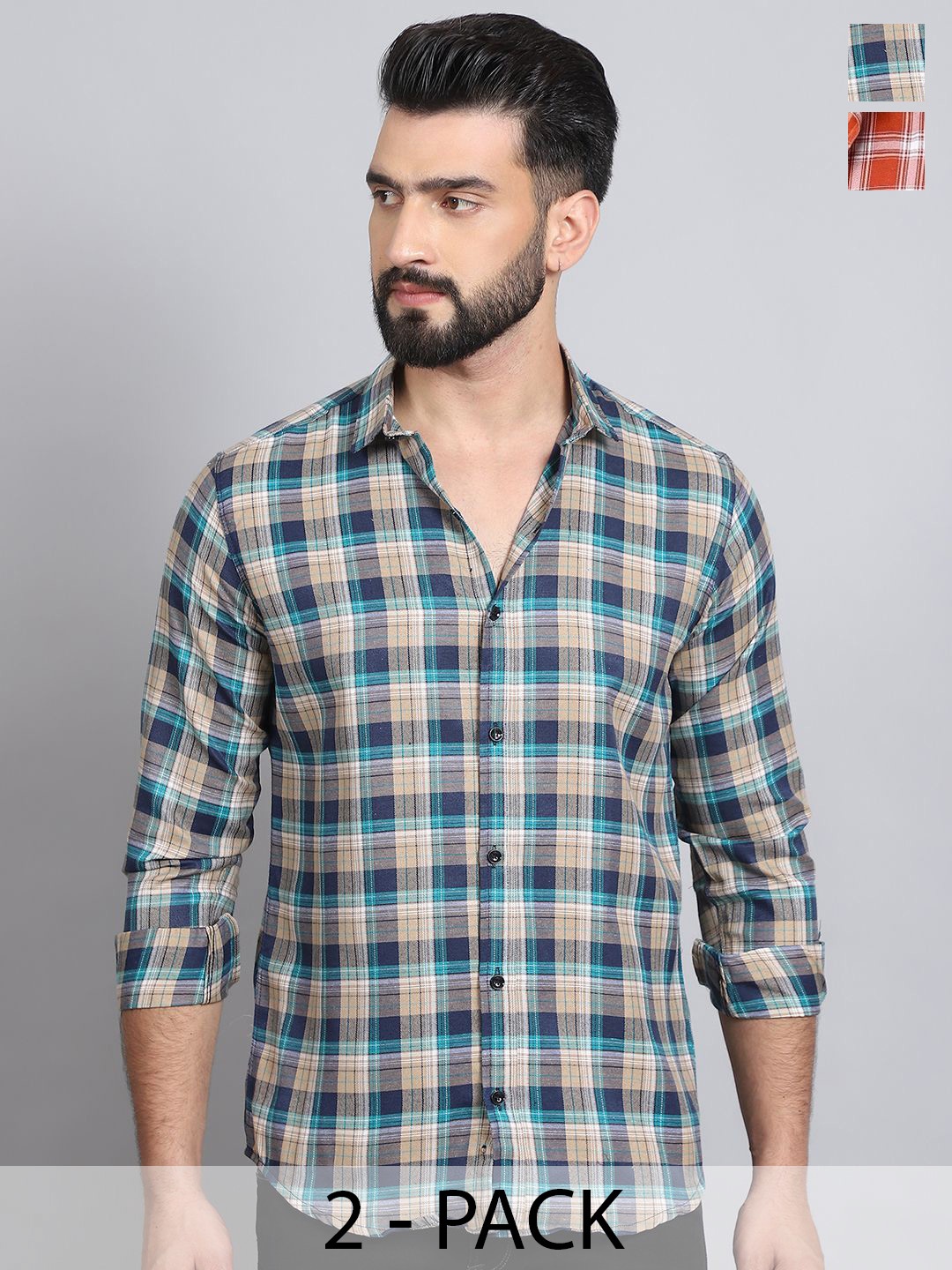 

Tanip Men Pack Of 2 Spread Collar Tartan Checked Cotton Casual Shirts, Orange