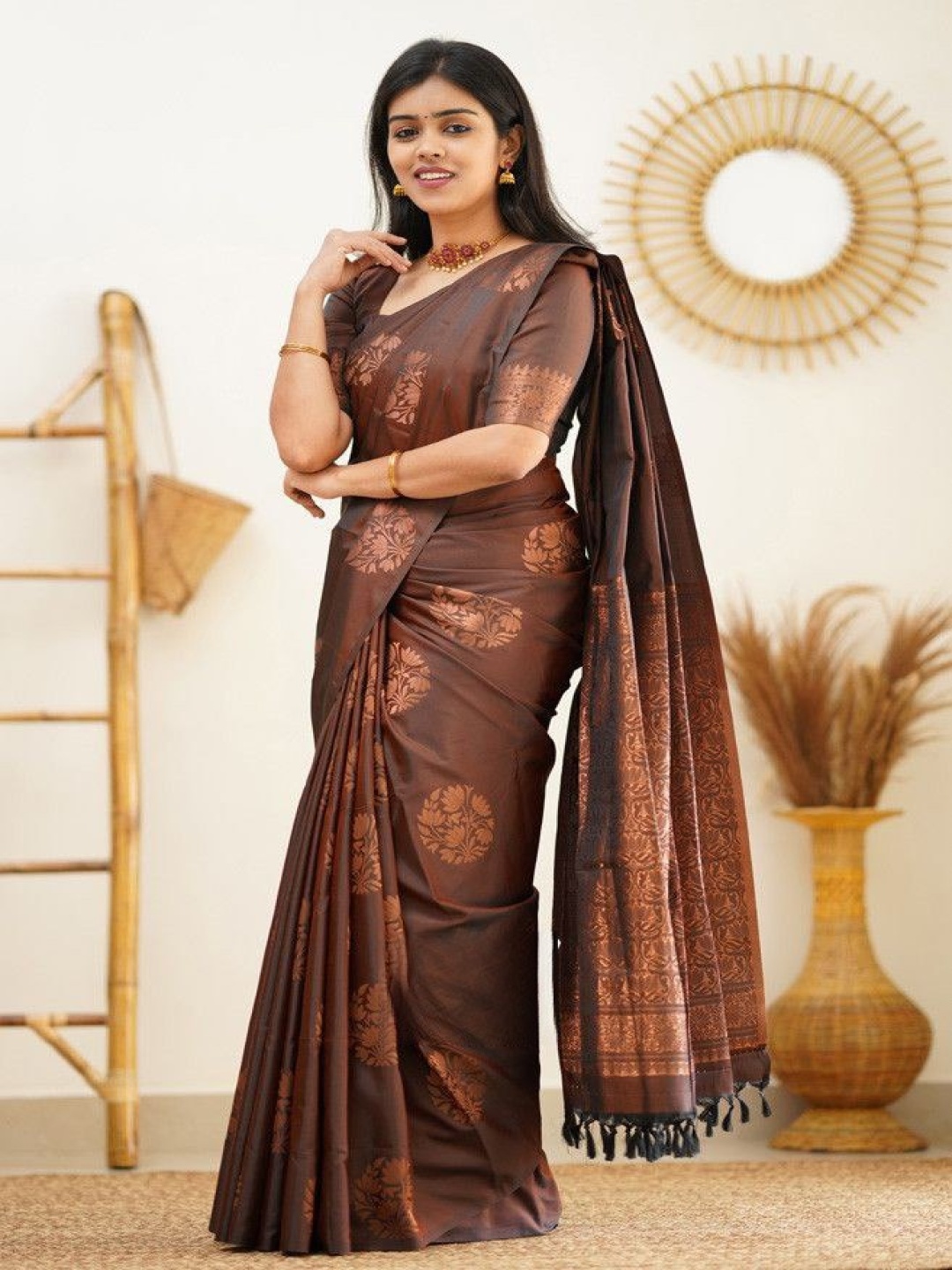 

KALINI Woven Design Zari Pure Silk Banarasi Saree, Brown