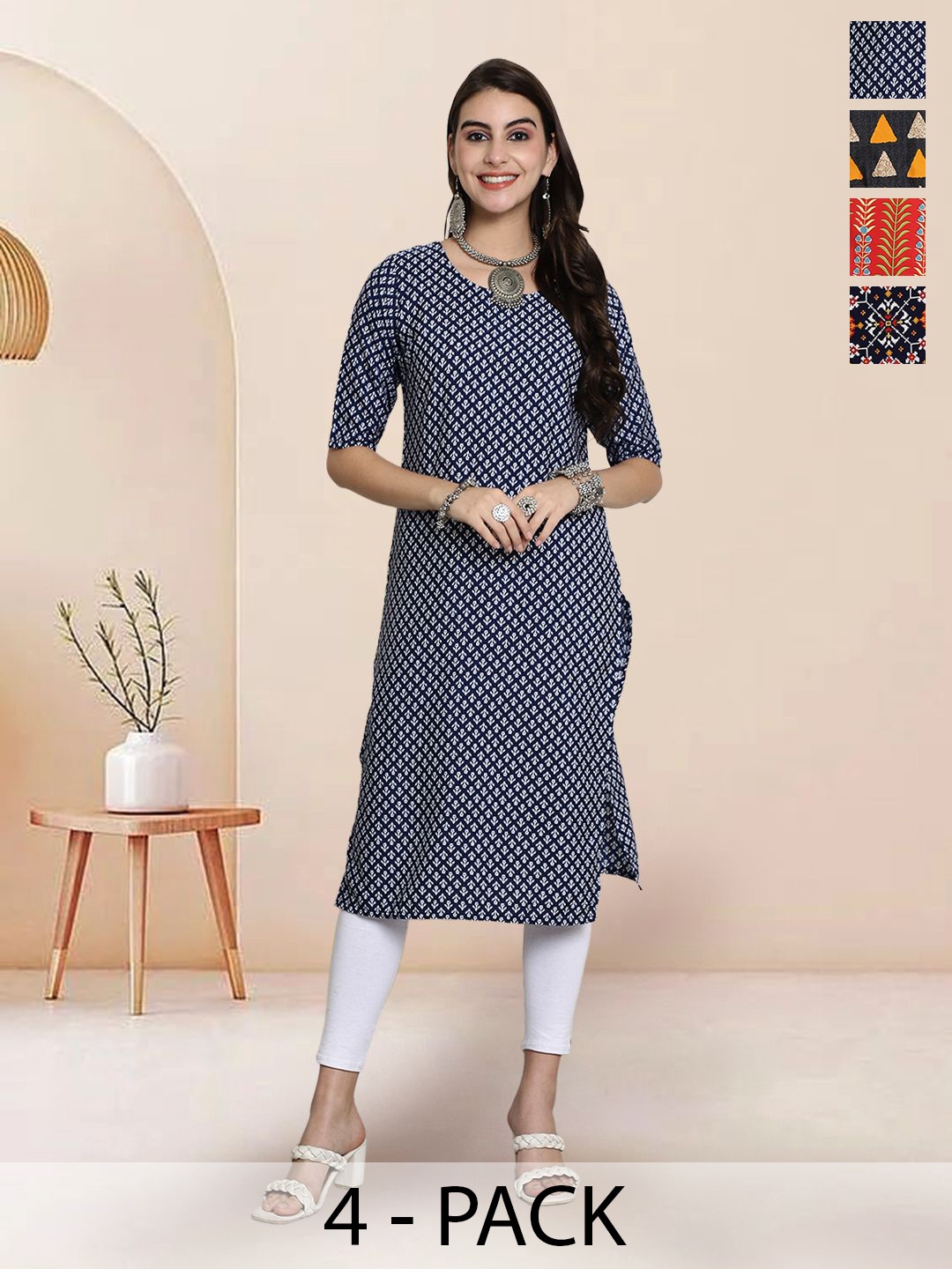 

7Threads Selection Of 4 Floral Printed Round Neck Straight Kurtas, Navy blue