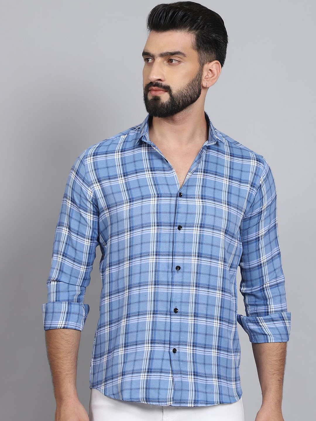 

Tanip Men Pack Of 2 Spread Collar Tartan Checked Cotton Casual Shirts, Blue