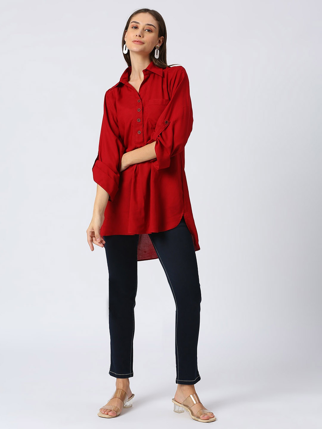 

Pink Guava Mandarin Collar Roll-Up Sleeves High-Low Longline Top, Maroon