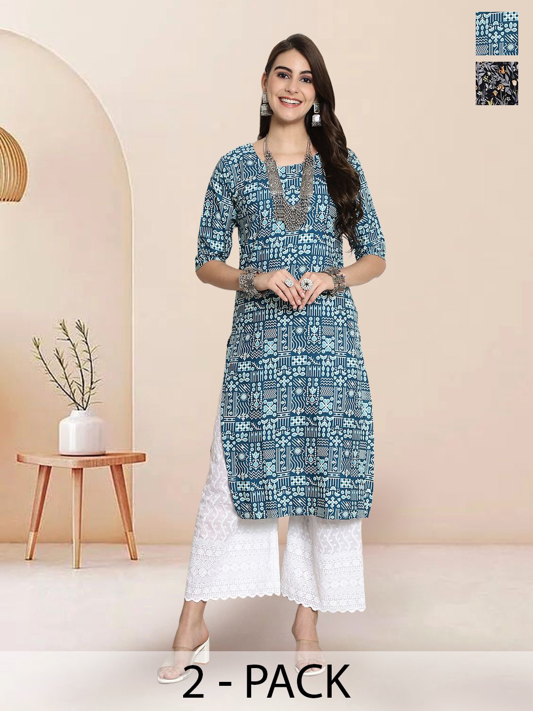 

7Threads Selection Of 2 Ethnic Motifs Printed Round Neck Straight Kurta, Blue