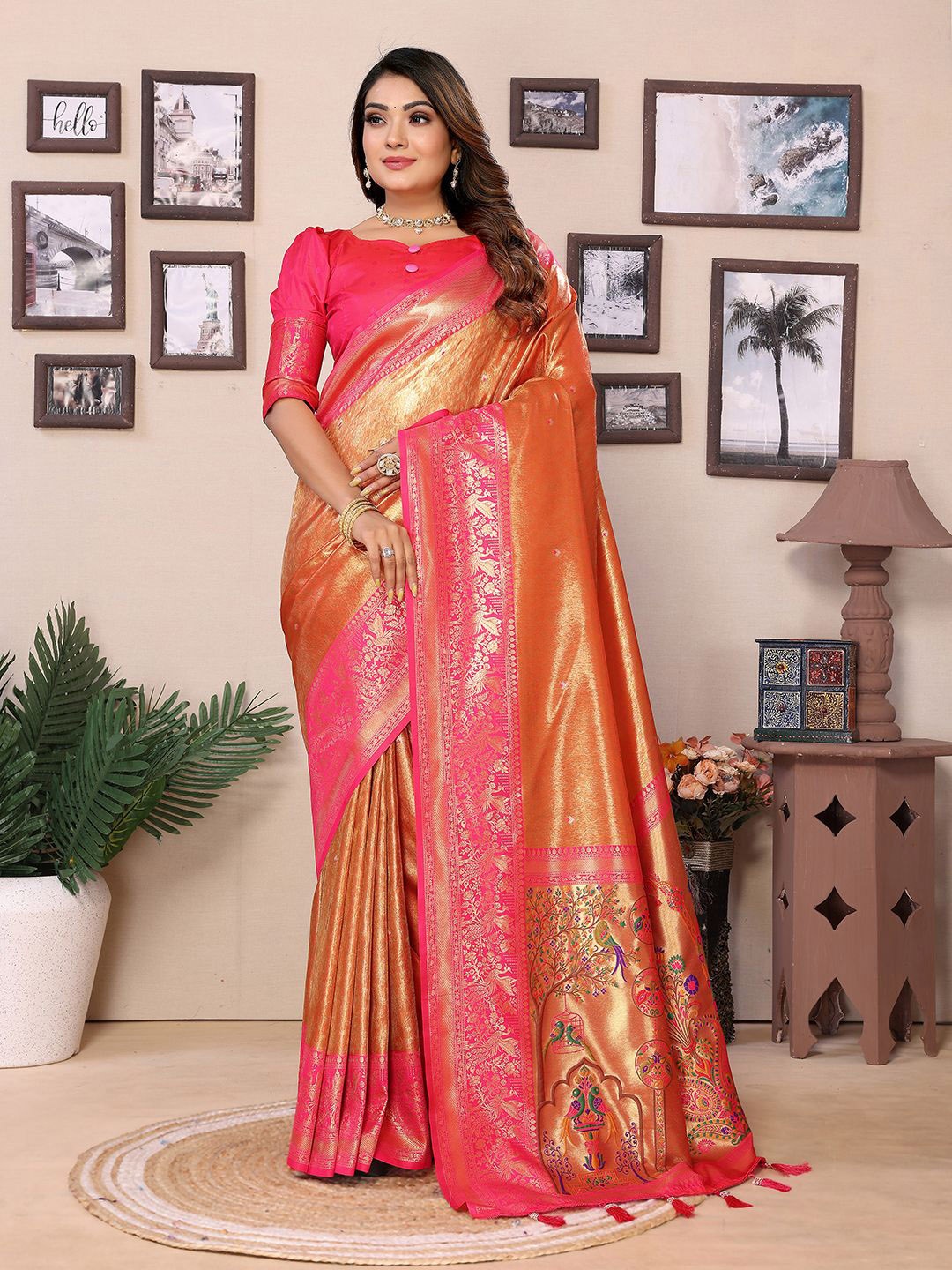 

Panzora Woven Design Zari Silk Blend Banarasi Saree, Orange