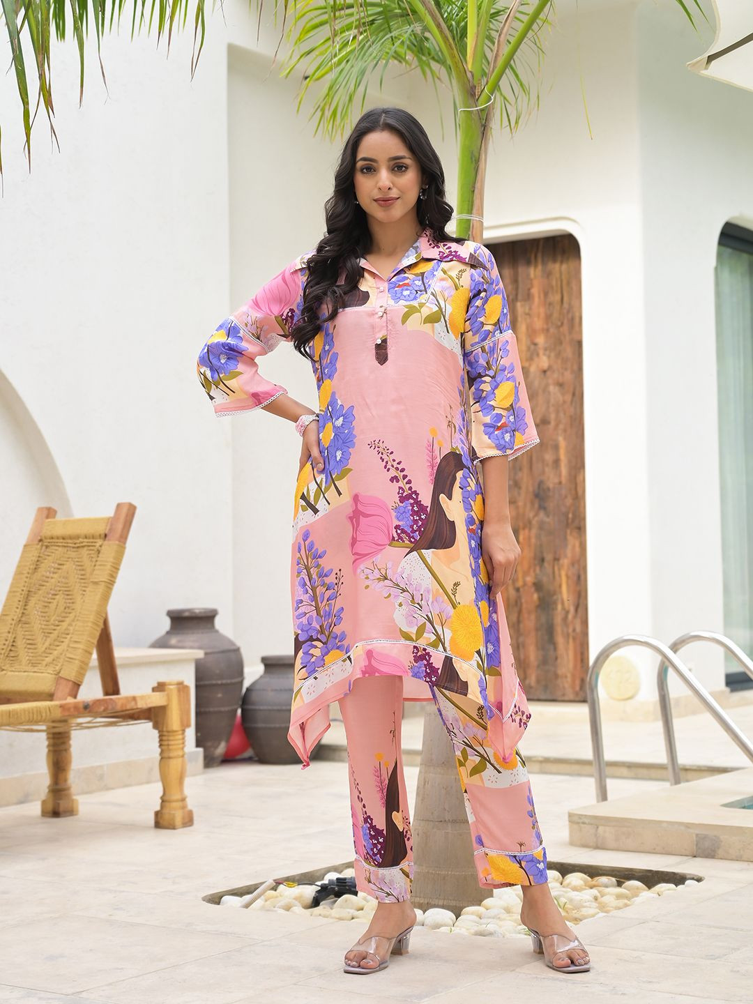 

BAESD Printed Shirt Collar Tunic With Trousers, Pink
