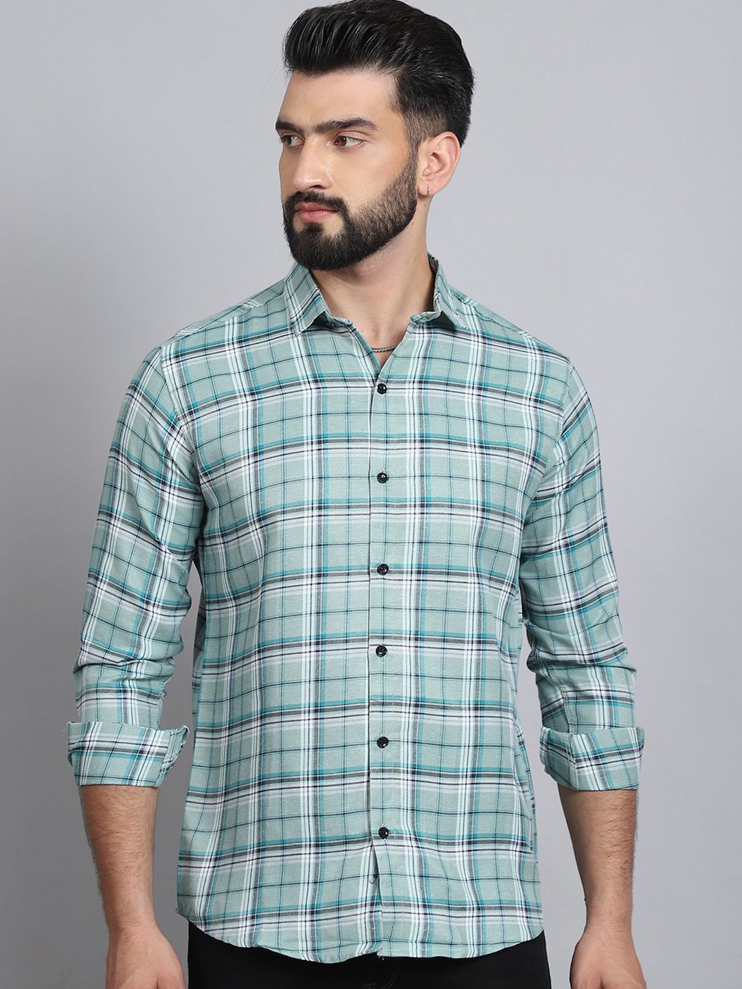 

Tanip Men Pack Of 2 Spread Collar Tartan Checked Cotton Casual Shirts, Green