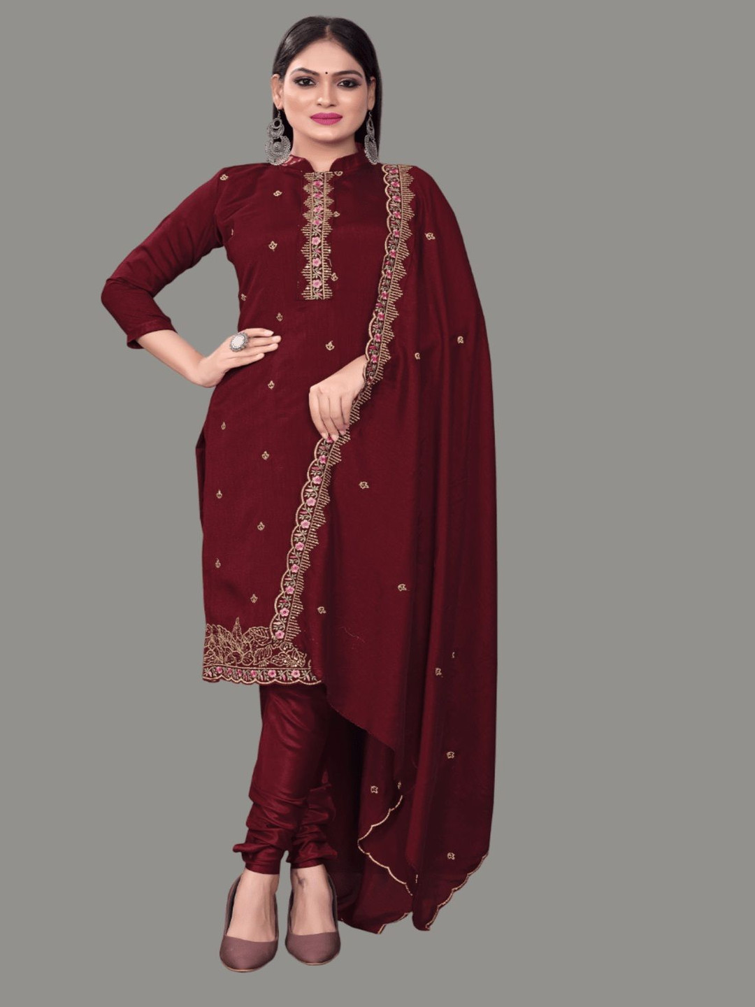 

A TO Z CART Floral Embroidered Sequinned Pure Silk Unstitched Dress Material, Maroon