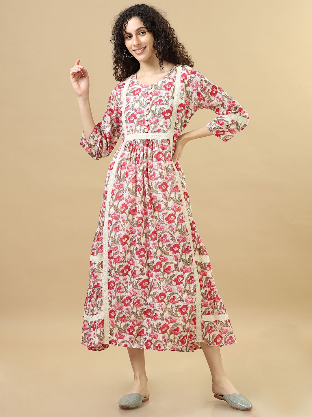 

Hassu's Floral Print Bell Sleeve A-Line Midi Dress, Pink