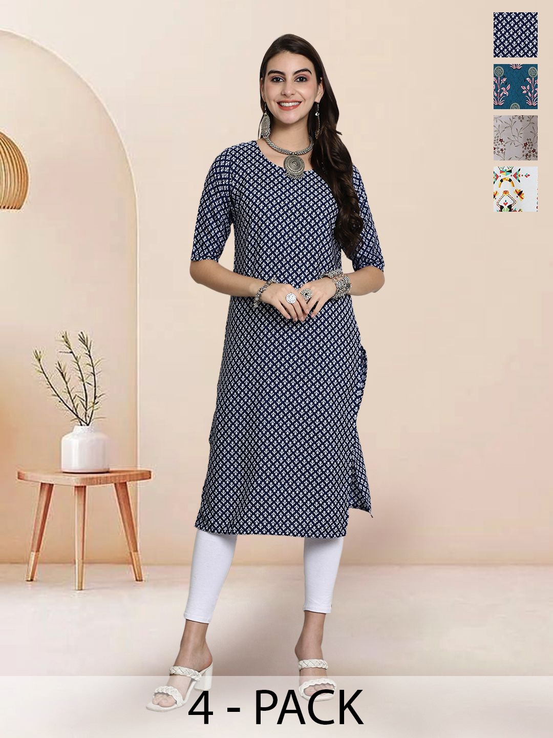 

7Threads Selection Of 4 Floral Printed Round Neck Straight Kurtas, Navy blue