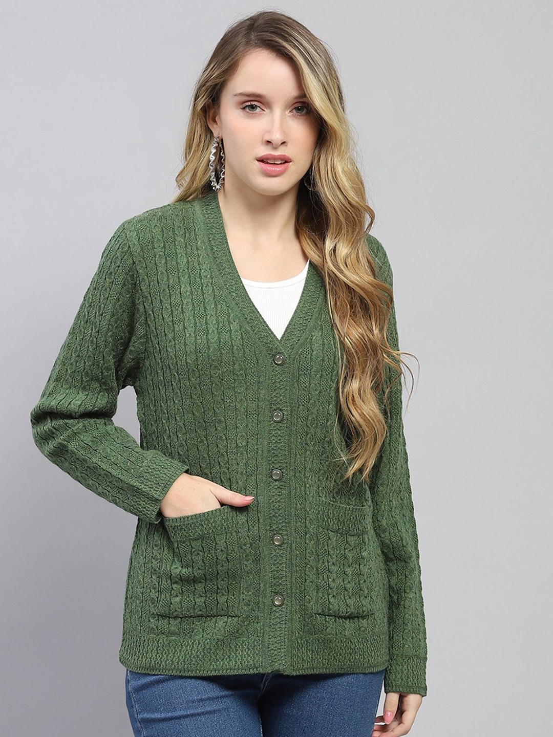 

Monte Carlo Women Cable Knit Woollen Cardigan, Green