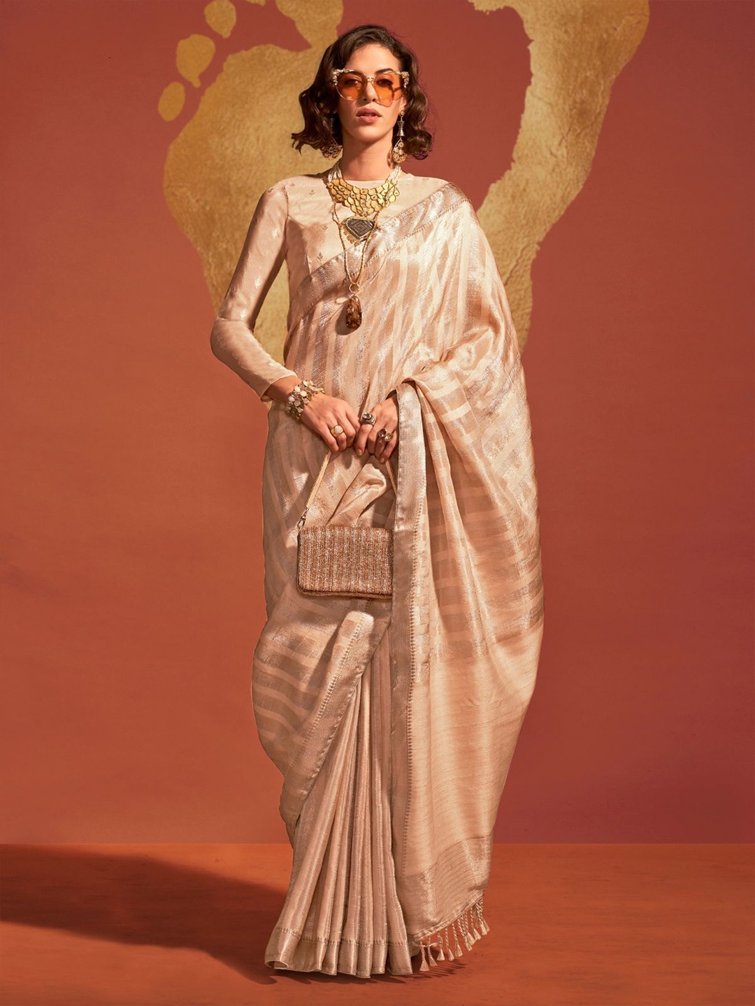 

ODETTE Woven Design Saree, Beige