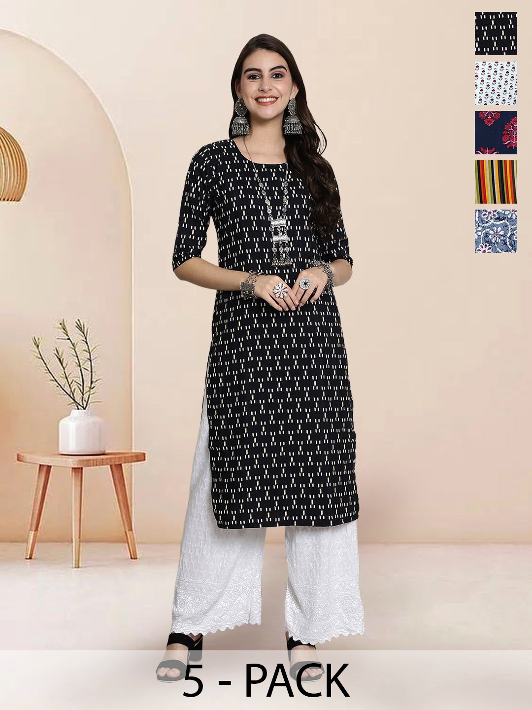 

7Threads Selection Of 5 Geometric Printed Round Neck Kurtas, Black