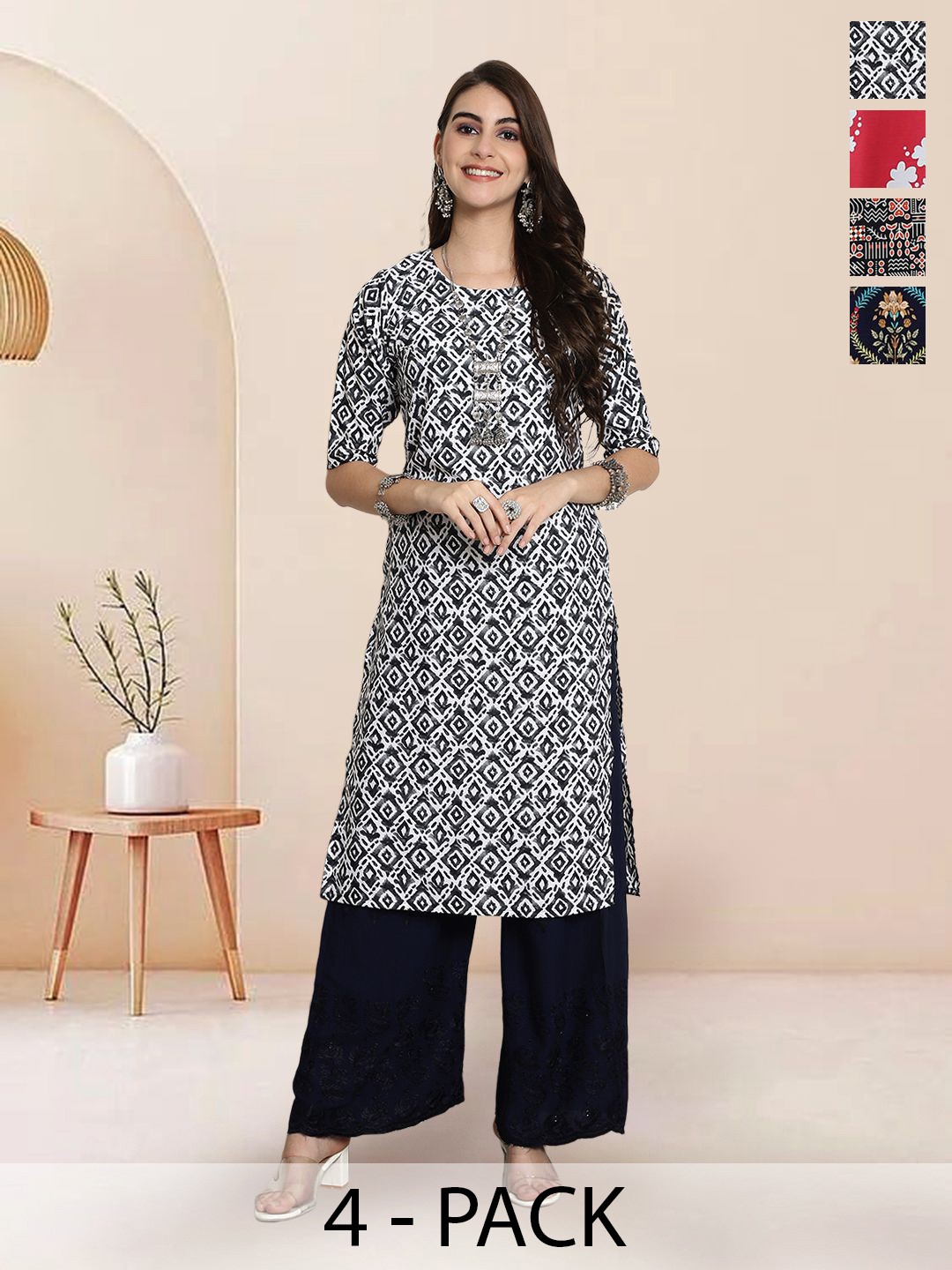 

7Threads Selection Of 5 Geometric Printed Straight Kurtas, Black