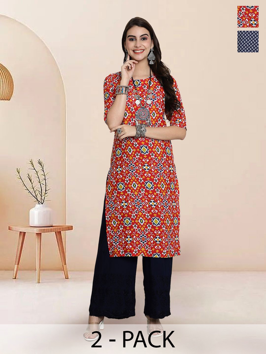 

7Threads Selection Of 2 Ethnic Motifs Printed Round Neck Straight Kurtas, Red