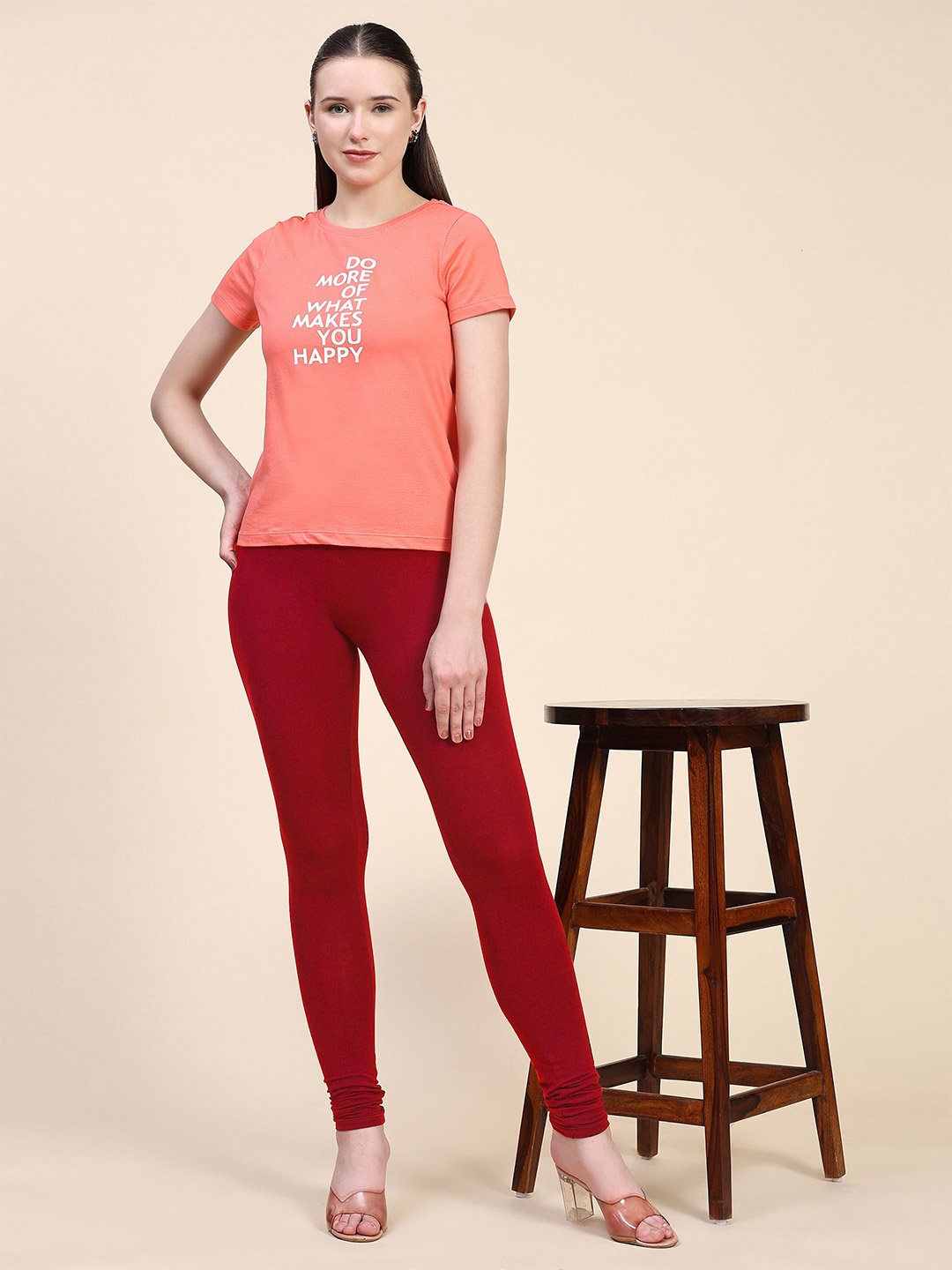 

Outflits Printed Round Neck T-Shirts With Leggings, Coral