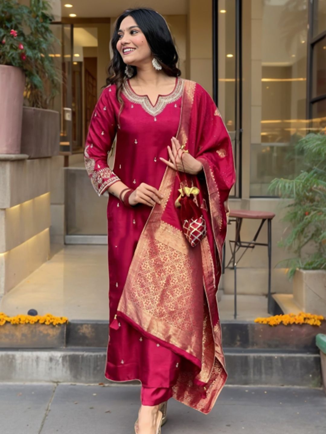 

Siya Fashion Women Ethnic Motifs Embroidered Regular Beads and Stones Kurta with Trousers & With Dupatta, Maroon