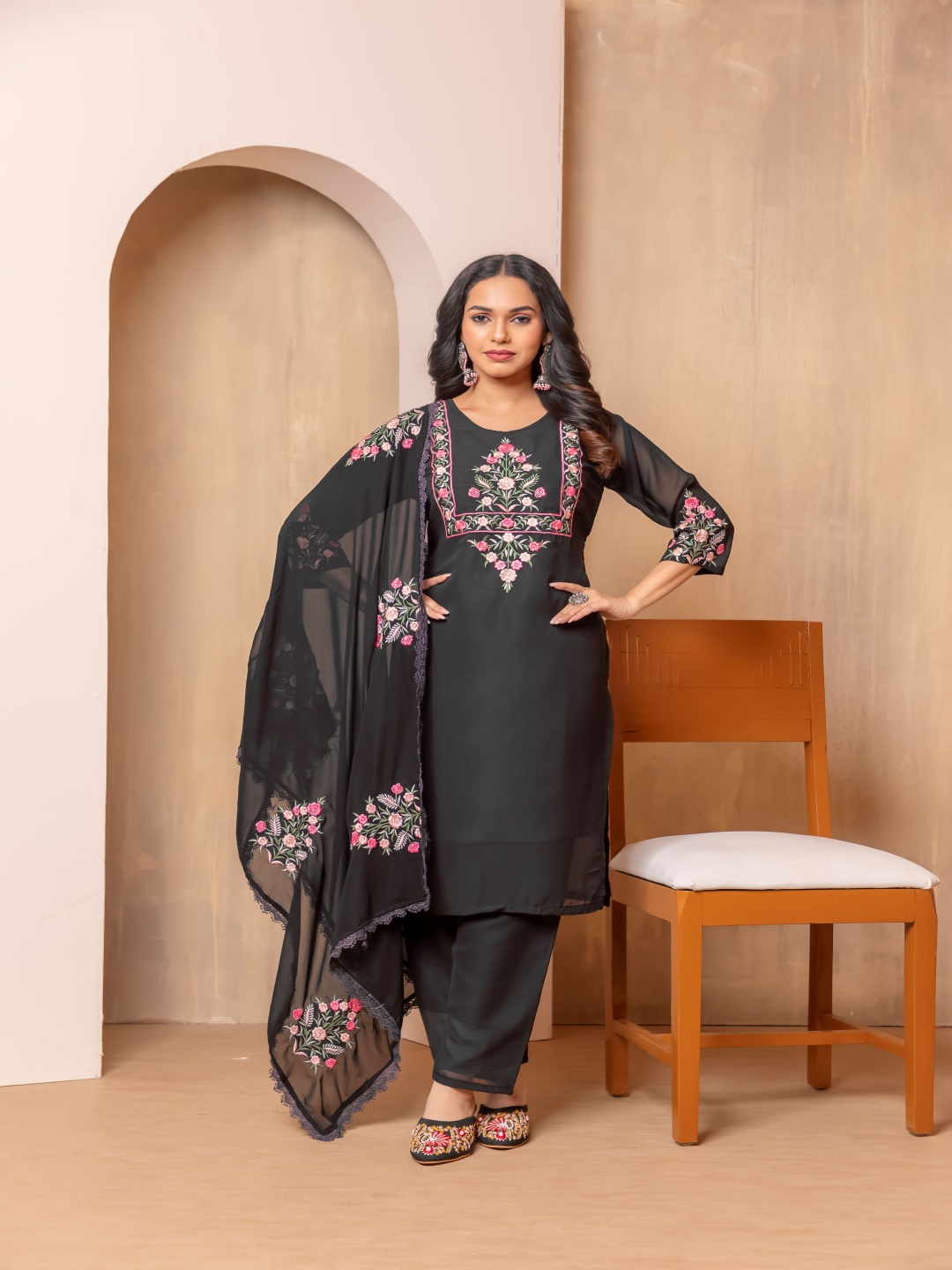 

KALINI Floral Embroidered Round Neck Thread Work Straight Kurta with Trouser & Dupatta, Black