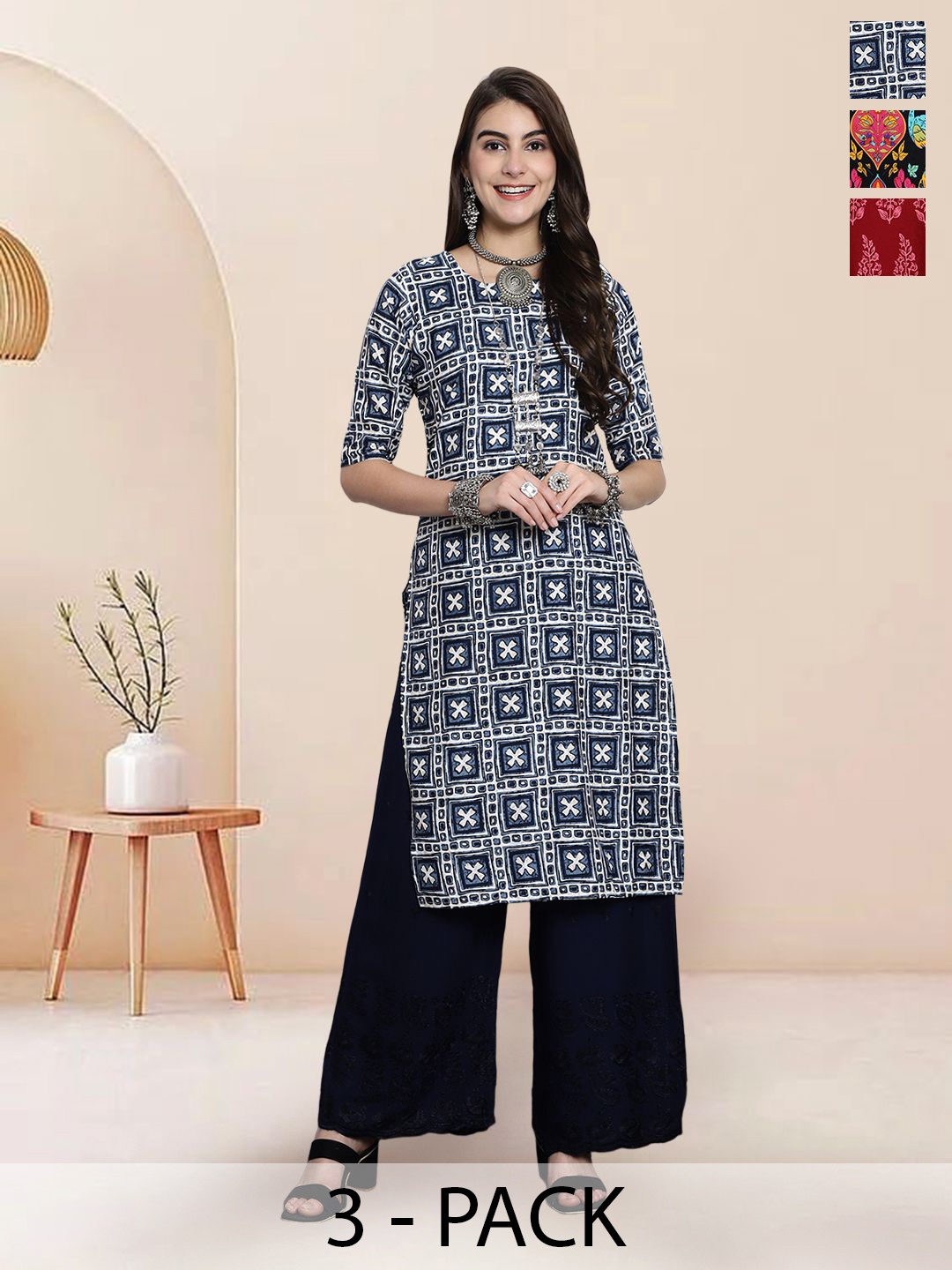 

7Threads Selection Of 3 Geometric Printed Round Neck Straight Kurtas, Blue