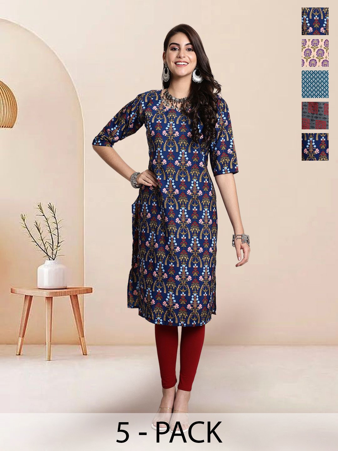 

7Threads Selection Of 5 Floral Printed Round Neck Straight Kurtas, Navy blue