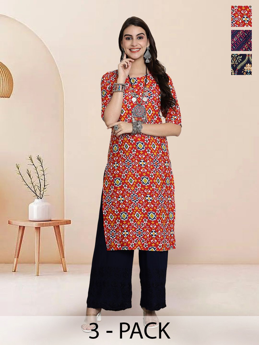 

7Threads Selection Of 3 Ethnic Motifs Printed Round Neck Kurtas, Orange