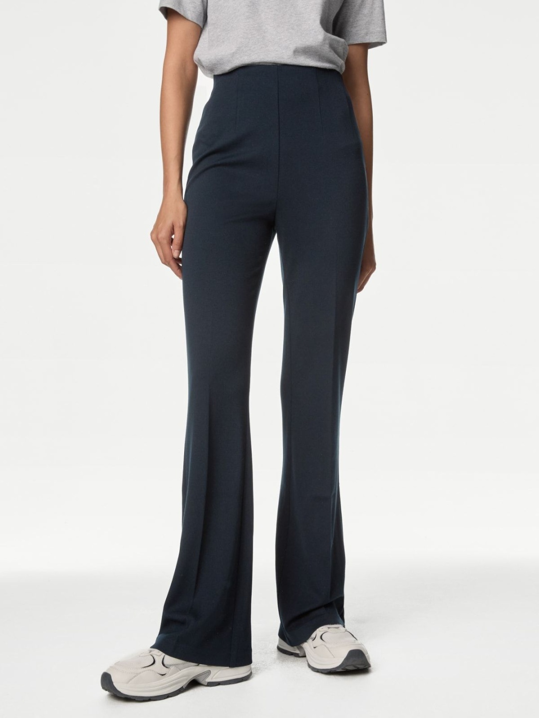 

Marks & Spencer Women Flared High-Rise Pleated Trousers, Navy blue