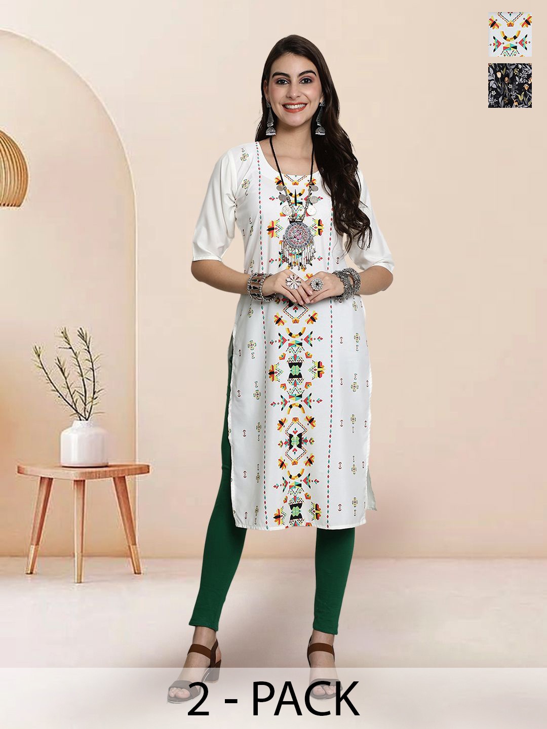 

7Threads Selection Of 3 Geomteric Printed Round Neck Straight Kurtas, White
