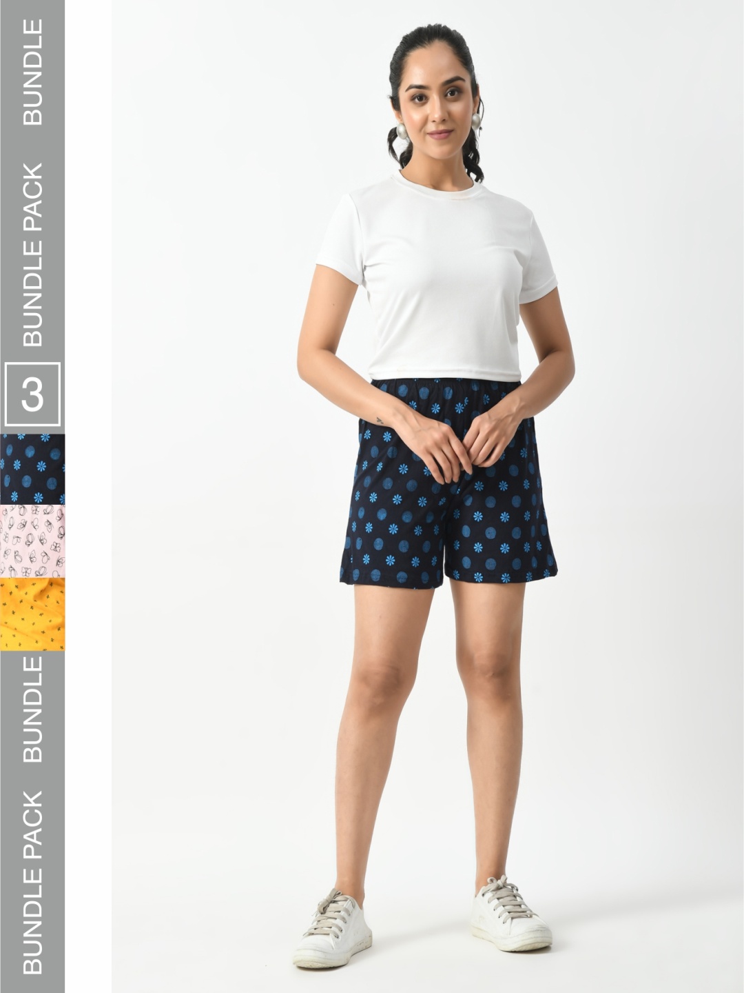 

BAESD Women Pack of 3 Printed Pure Cotton High-Rise Shorts, Navy blue