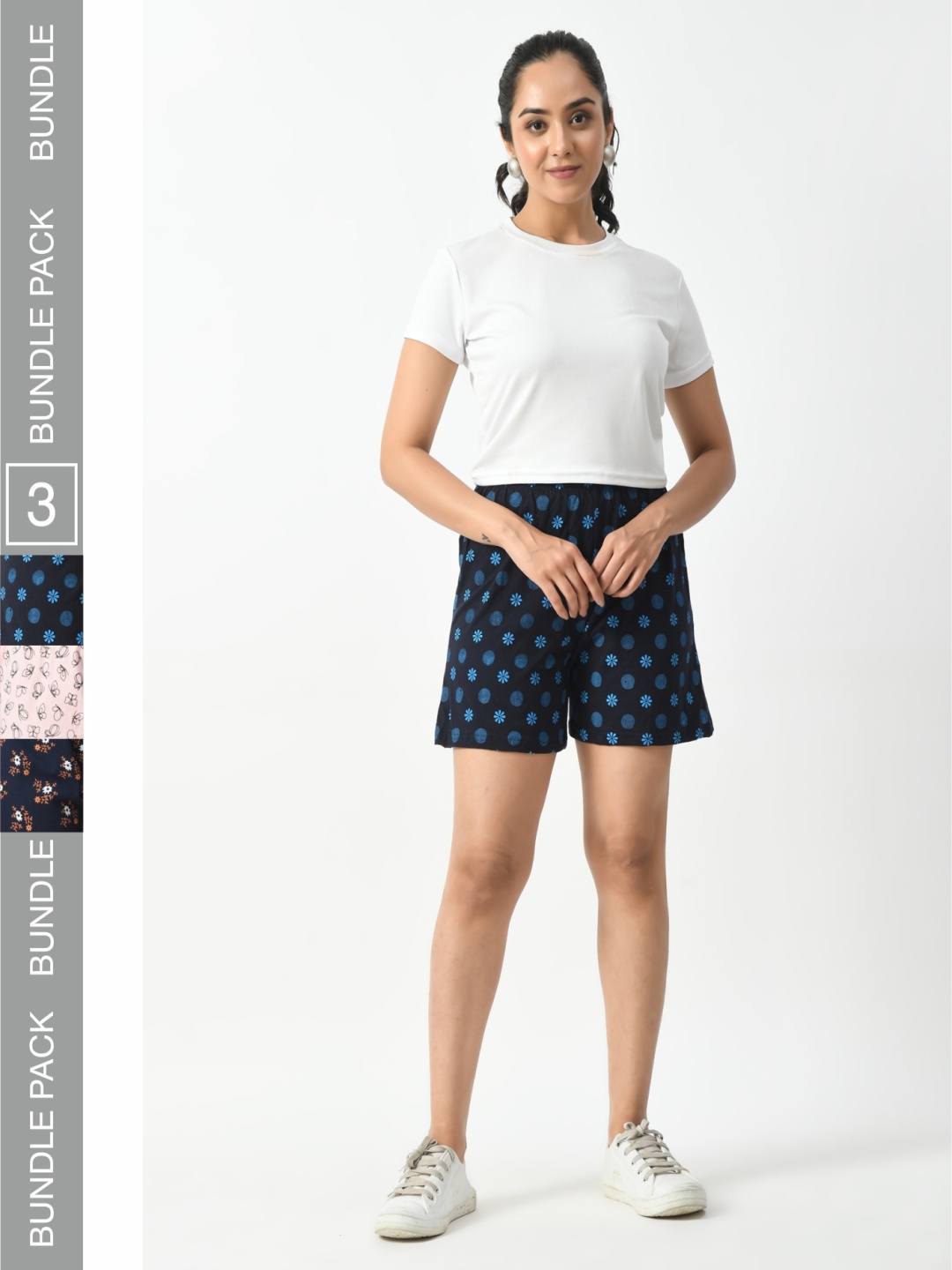 

BAESD Women Pack Of 3 Printed High-Rise Cotton Hotpant Shorts, Navy blue