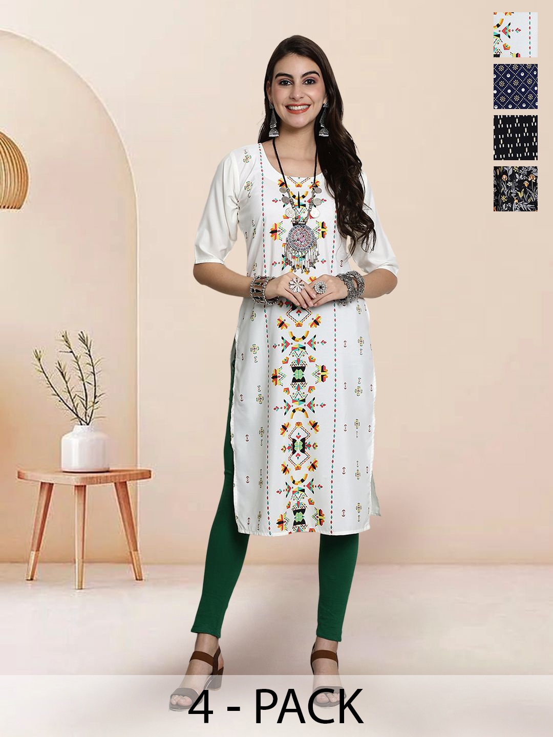 

7Threads Selection Of 4 Geometric Printed Round Neck Kurtas, White