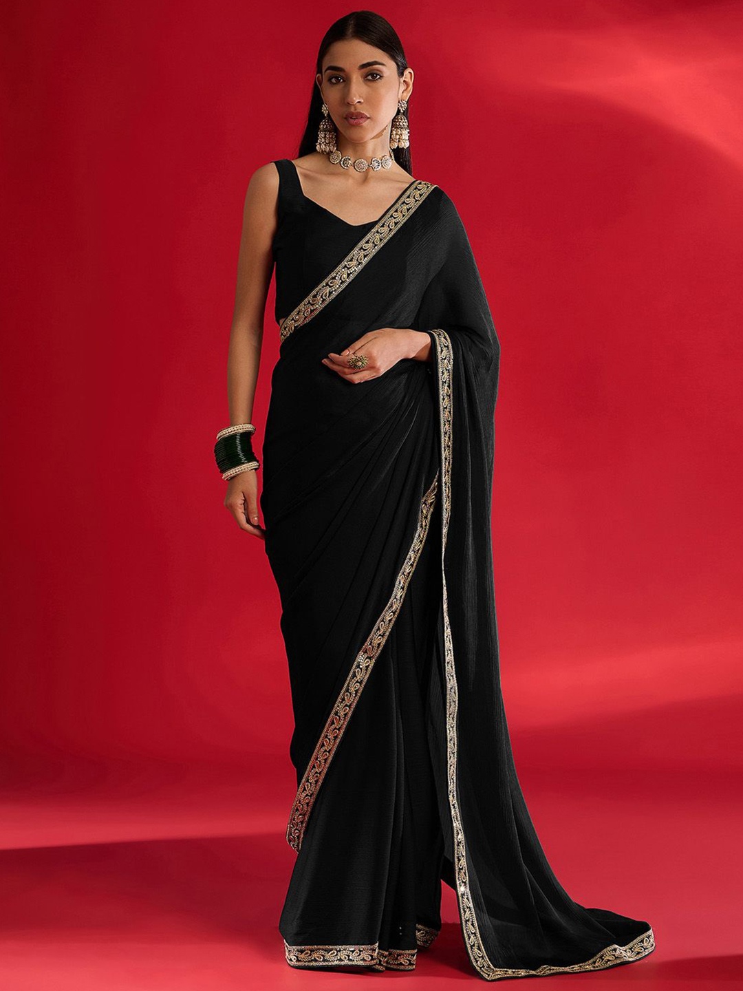 

Mitera Embroidered Satin Saree, Black