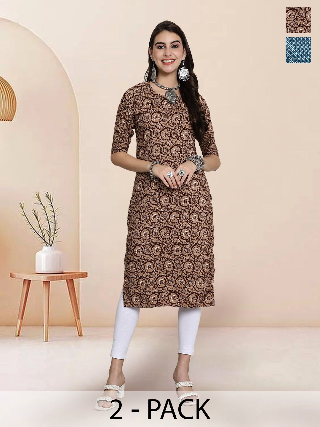 

7Threads Selection Of 2 Floral Printed Round Neck Straight Kurtas, Brown