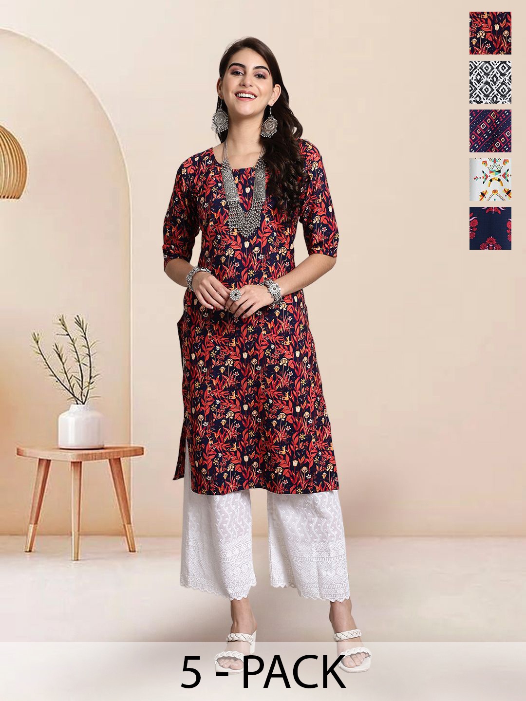 

7Threads Selection Of 5 Floral Printed Round Neck Straight Kurtas, Navy blue