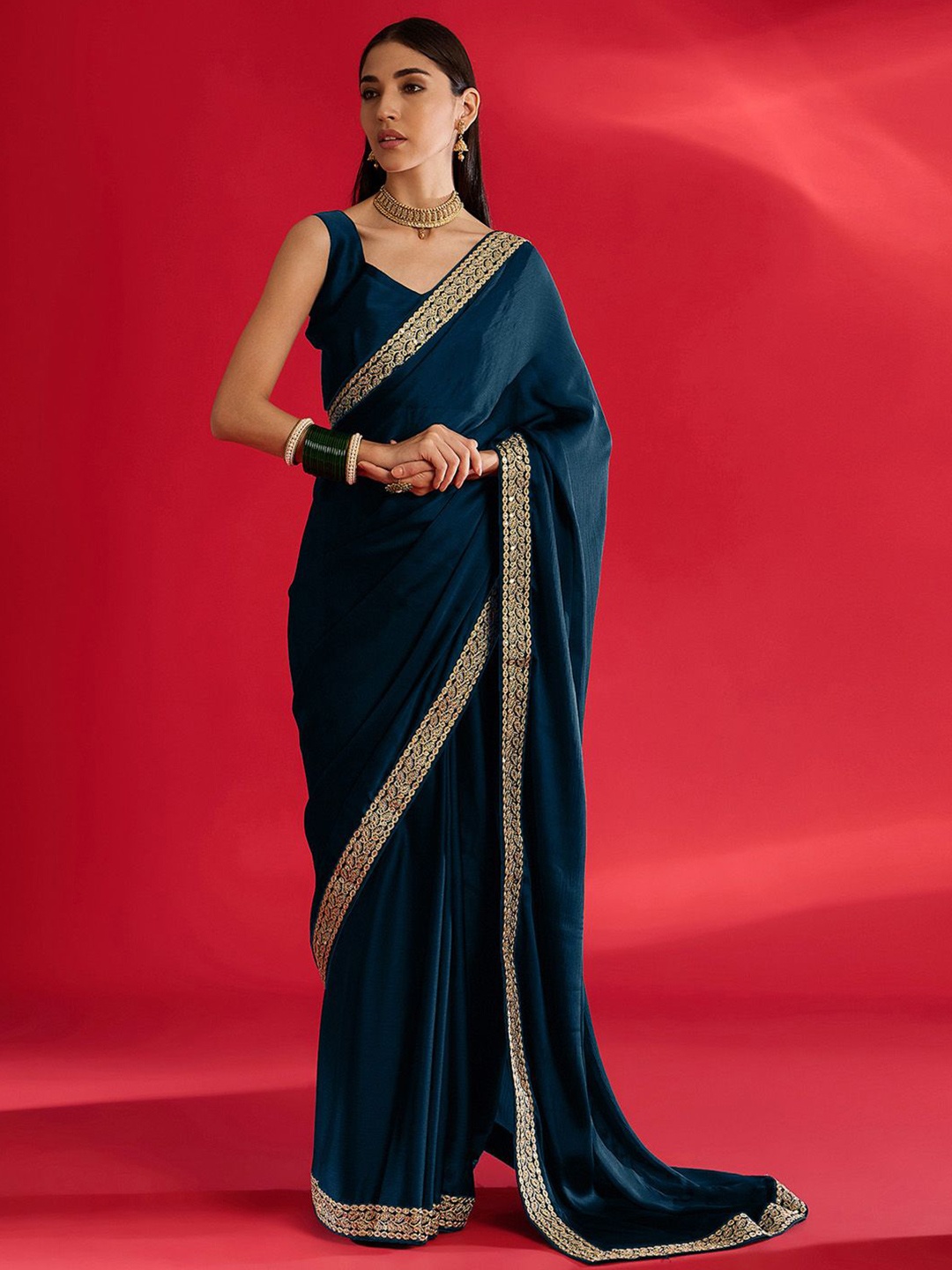 

Mitera Embroidered Satin Saree, Blue
