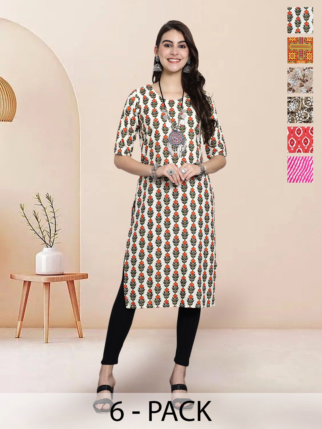 

7Threads Selection Of 6 Floral Printed Round Neck Straight Kurtas, White