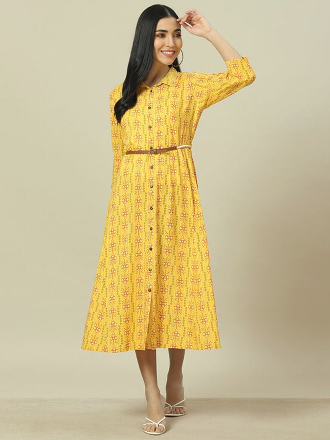 

Rangriti Floral Printed Shirt Collar Belted Shirt Midi Dress, Yellow