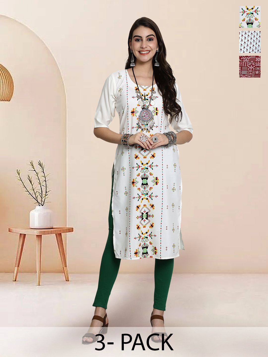 

7Threads Selection Of 3 Geometric Printed Round Neck Straight Kurtas, White