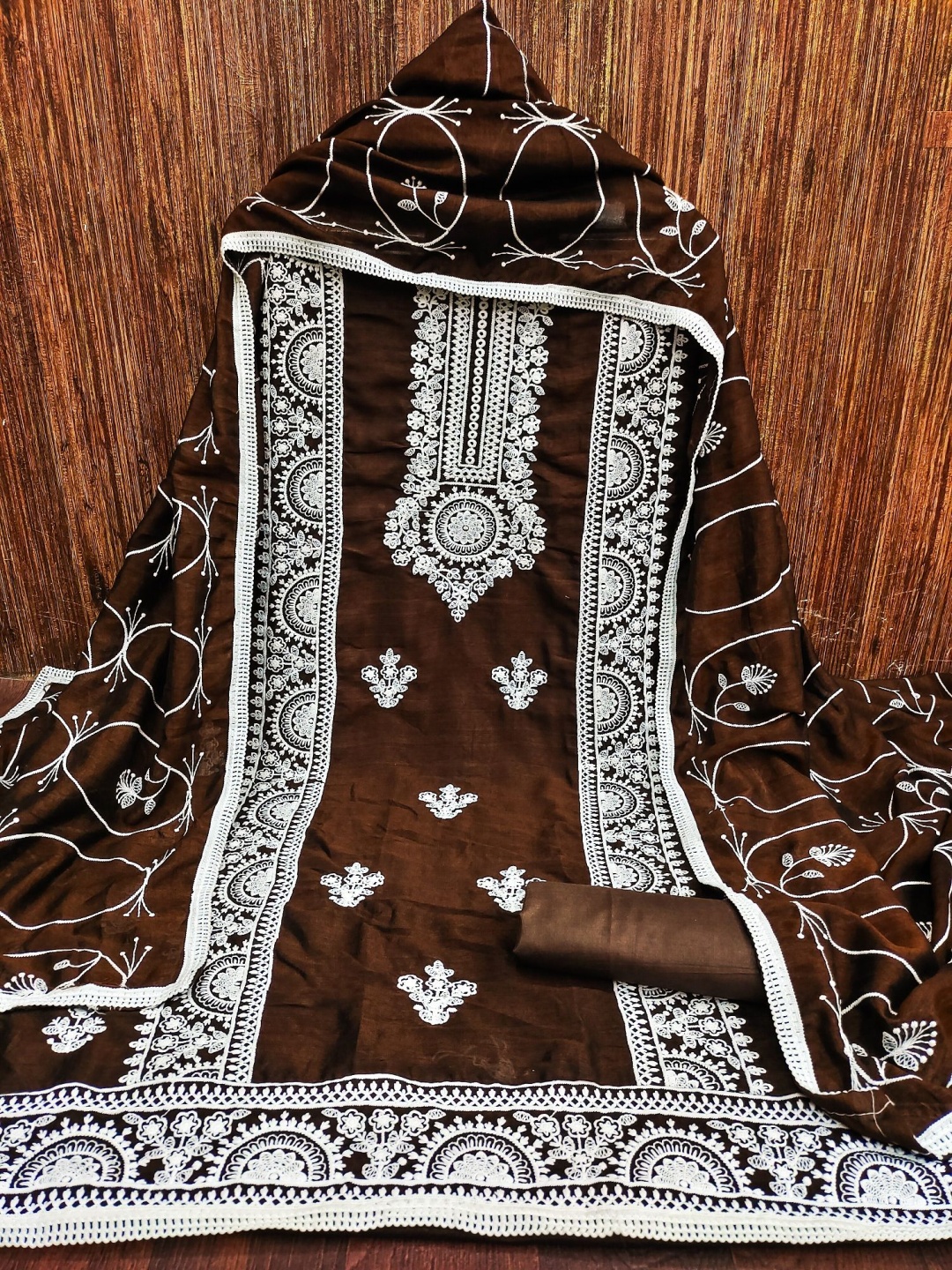 

A TO Z CART Ethnic Motifs Embroidered Pure Silk Unstitched Dress Material, Brown