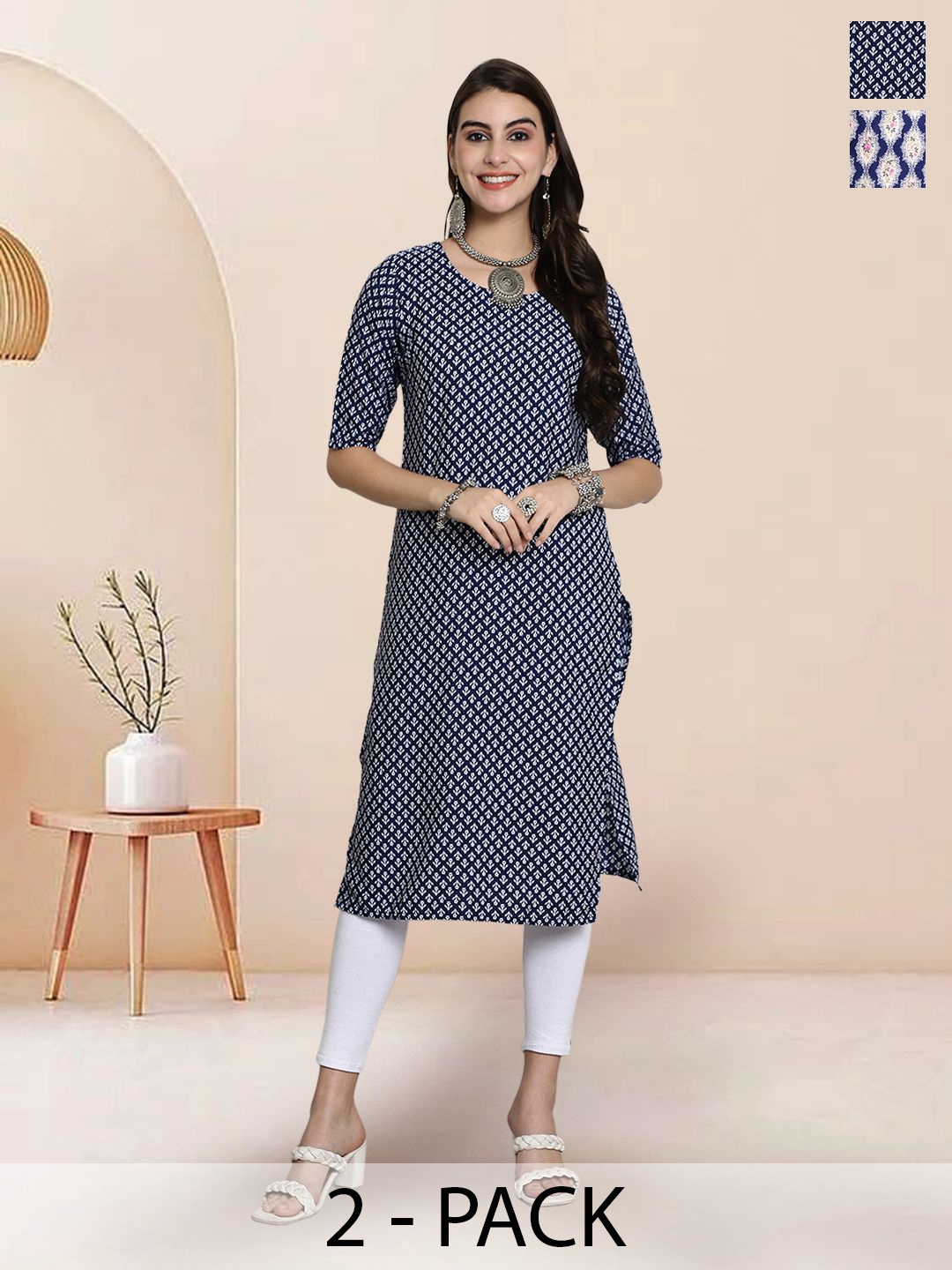 

7Threads Selection Of 2 Floral Printed Round Neck Straight Kurta, Black