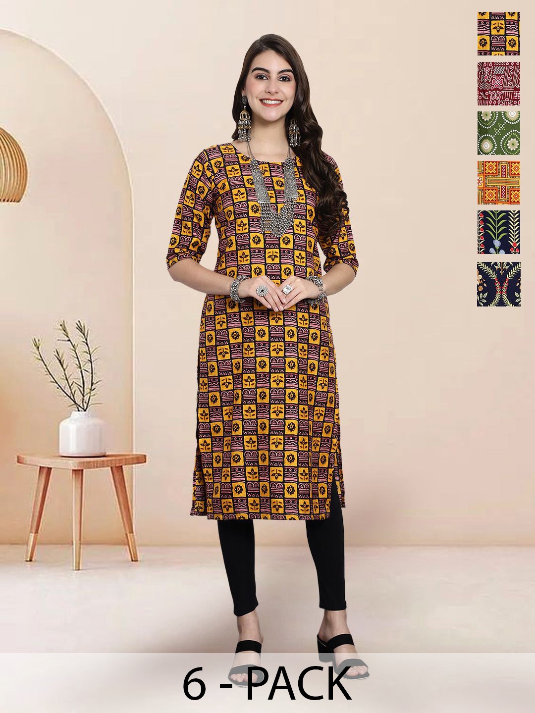 

7Threads Selection Of 6 Ethnic Motifs Printed Round Neck Straight Kurtas, Yellow