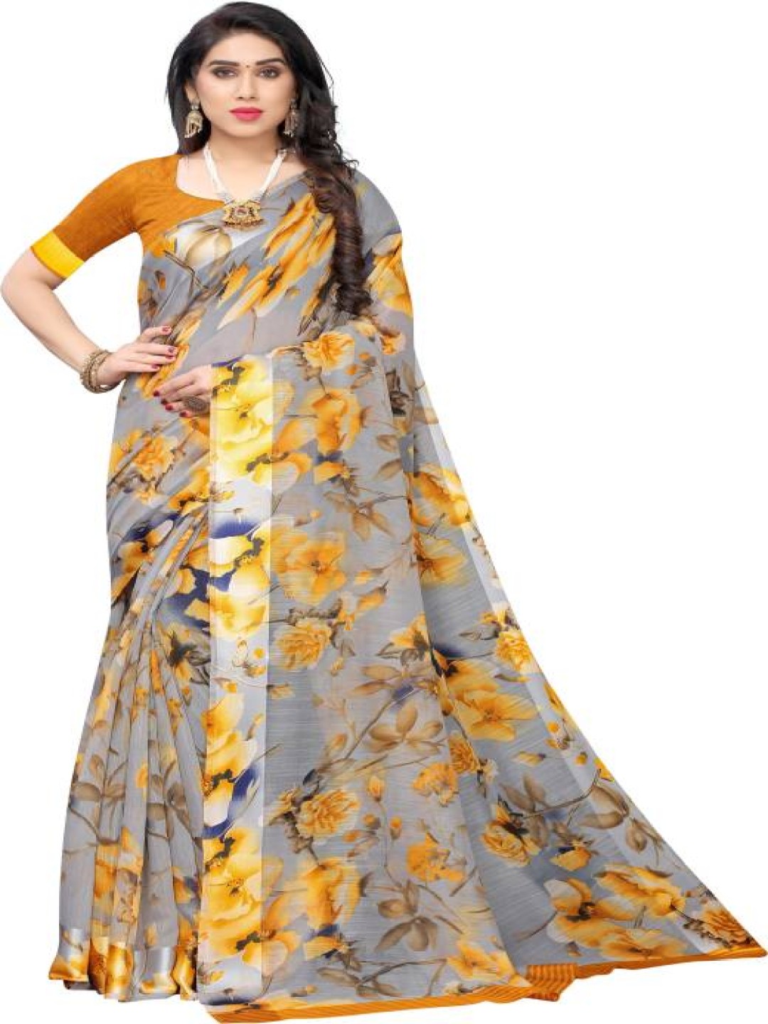 

RUNAYA NX Floral Silk Cotton Saree, Yellow