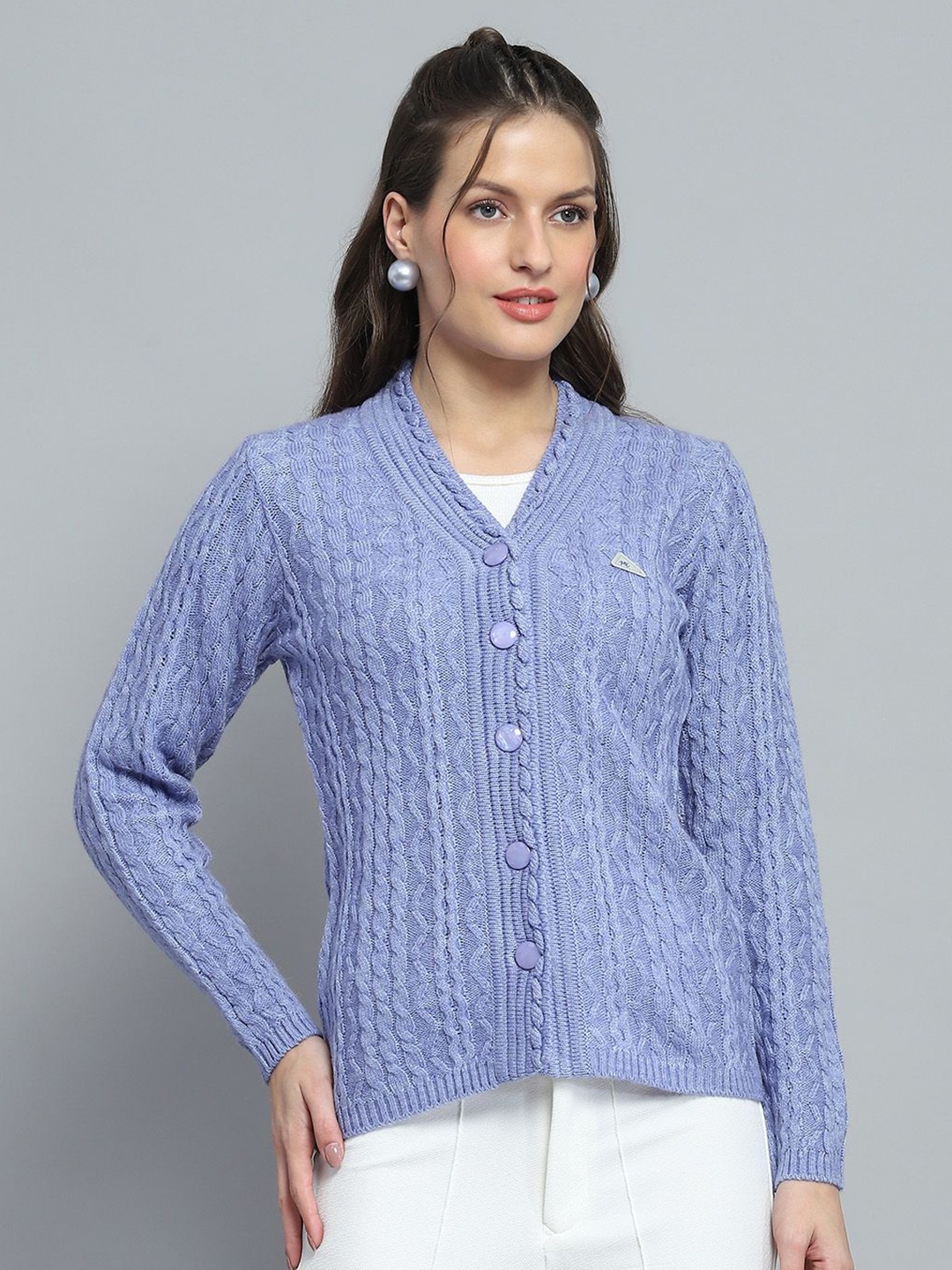 

Monte Carlo Women Cable Knit Woollen Cardigan, Purple