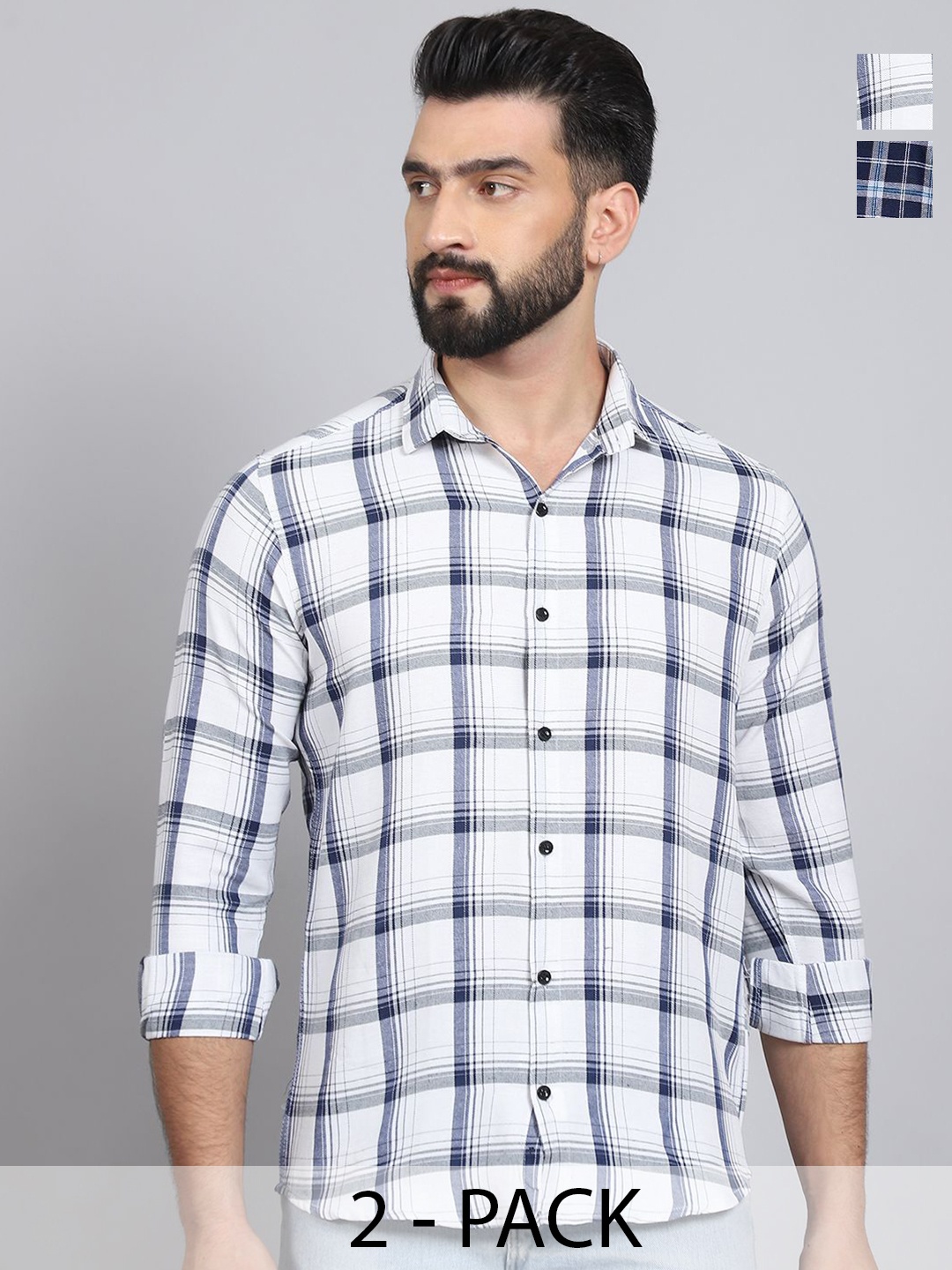 

Tanip Men Pack Of 2 Spread Collar Tartan Checked Cotton Casual Shirts, White