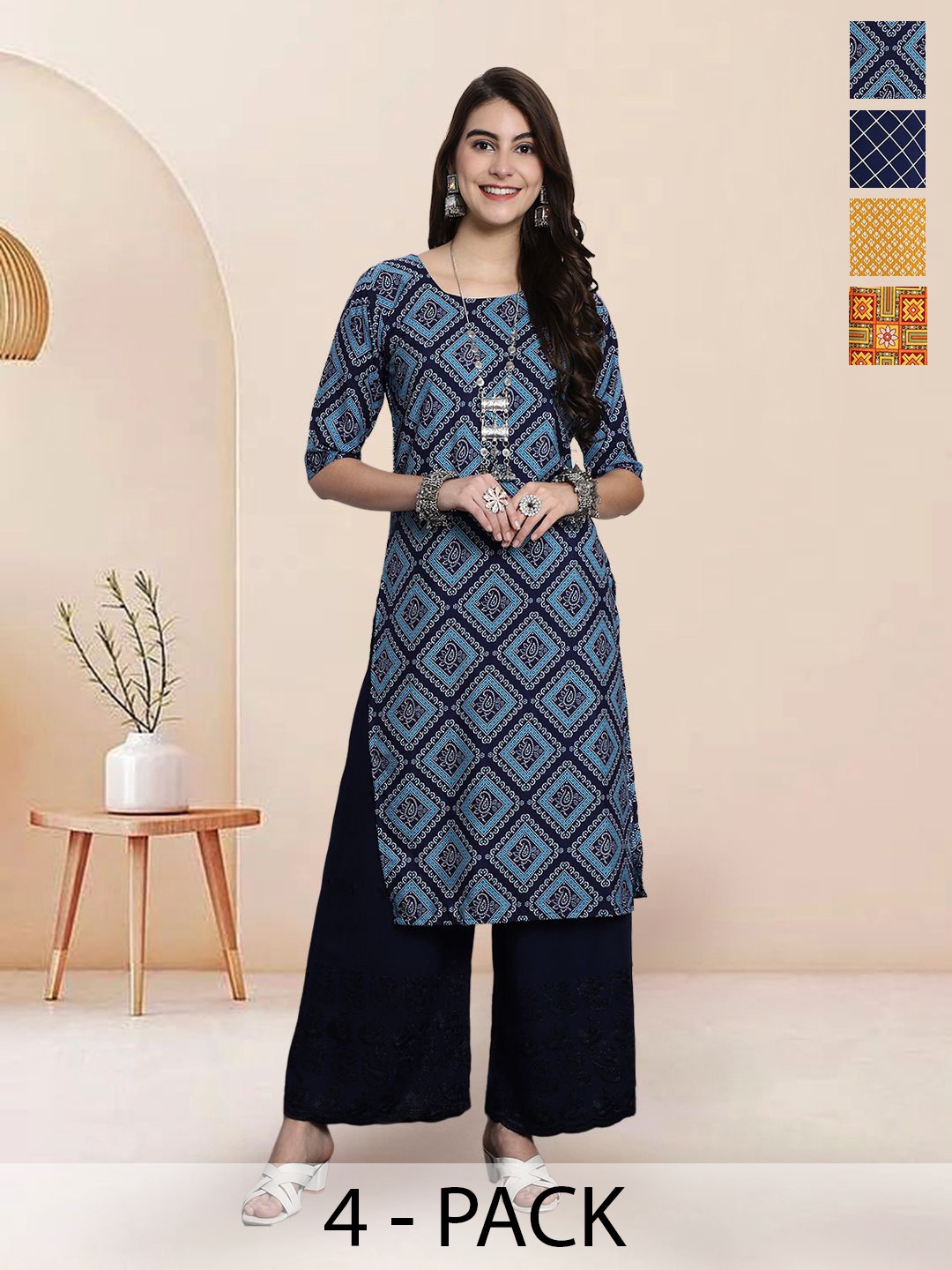 

7Threads Selection Of 4 Ethnic Motifs Printed Round Neck Straight Kurtas, Blue