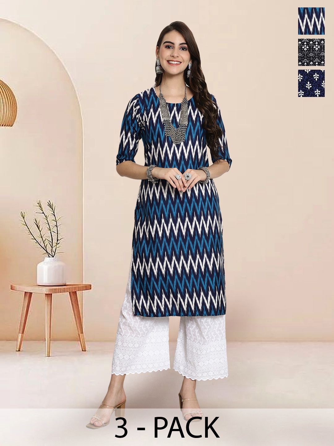 

7Threads Selection Of 3 Chevron Printed Round Neck Straight Kurtas, Navy blue