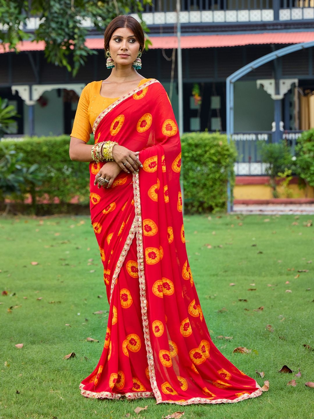 

Saree mall Embroidered Poly Georgette Sarees, Red