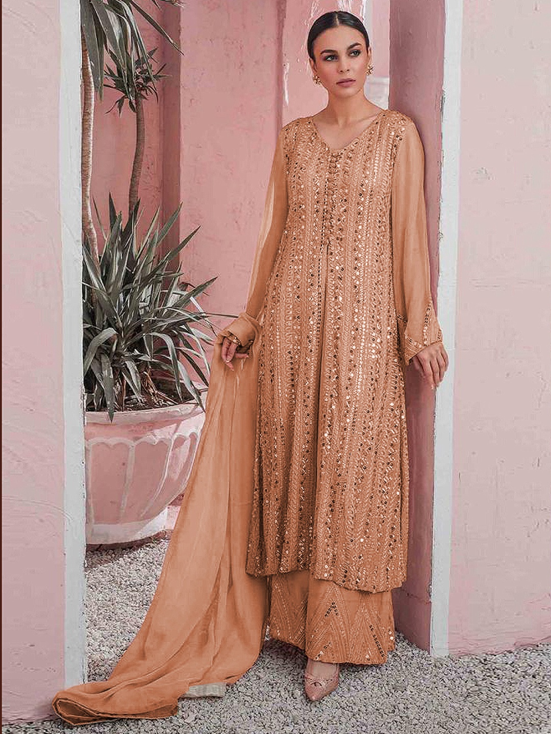 

ODETTE Women Ethnic Motifs Embroidered Regular Kurta with Palazzos & With Dupatta, Peach