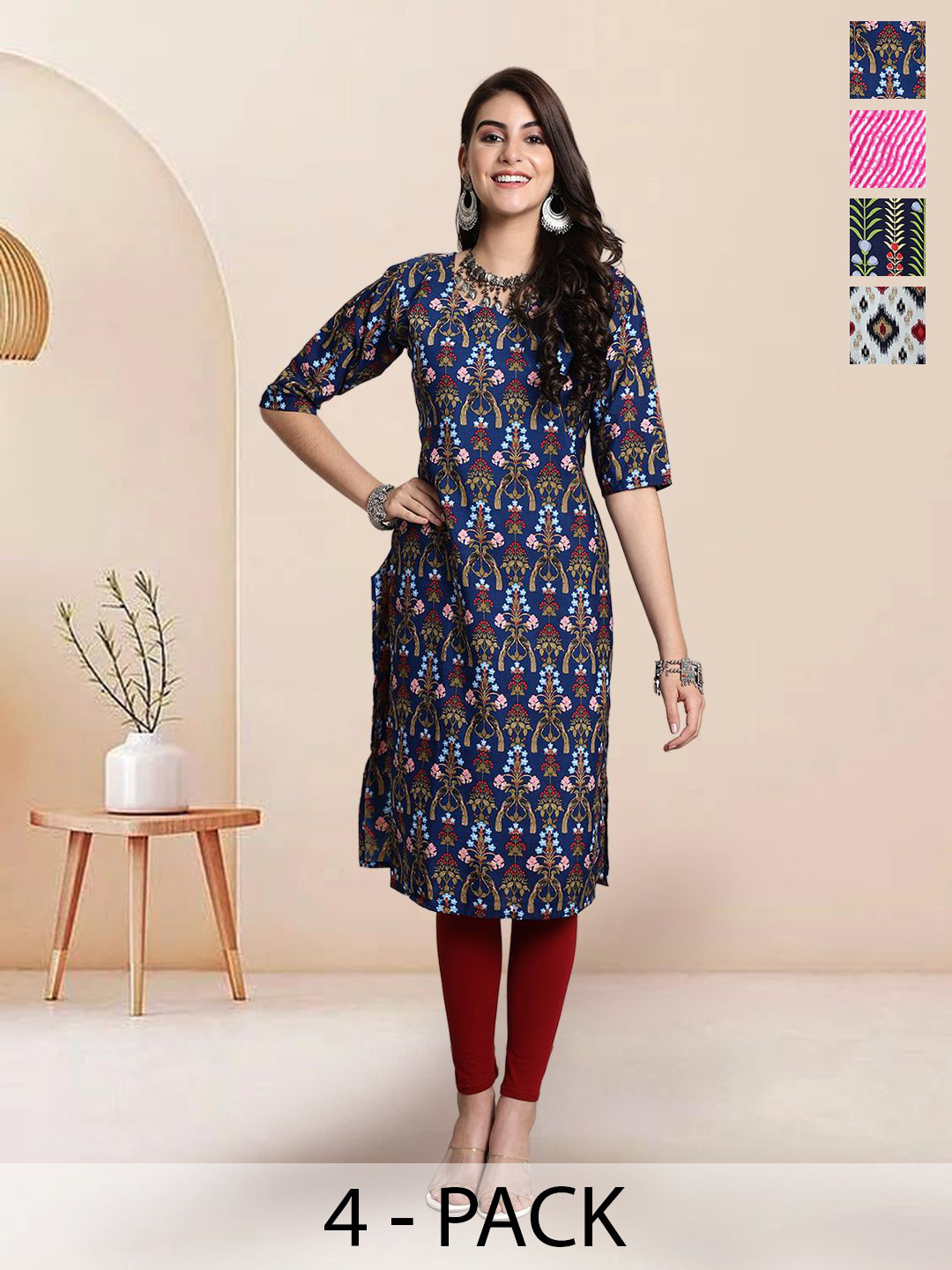 

7Threads Selection Of 4 Floral Printed Round Neck Straight Kurtas, Navy blue
