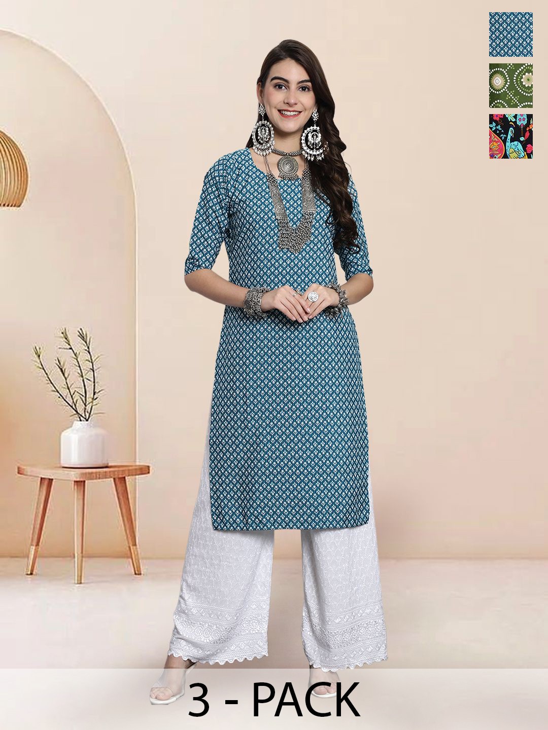 

7Threads Selection Of 3 Floral Printed Round Neck Straight Kurtas, Teal