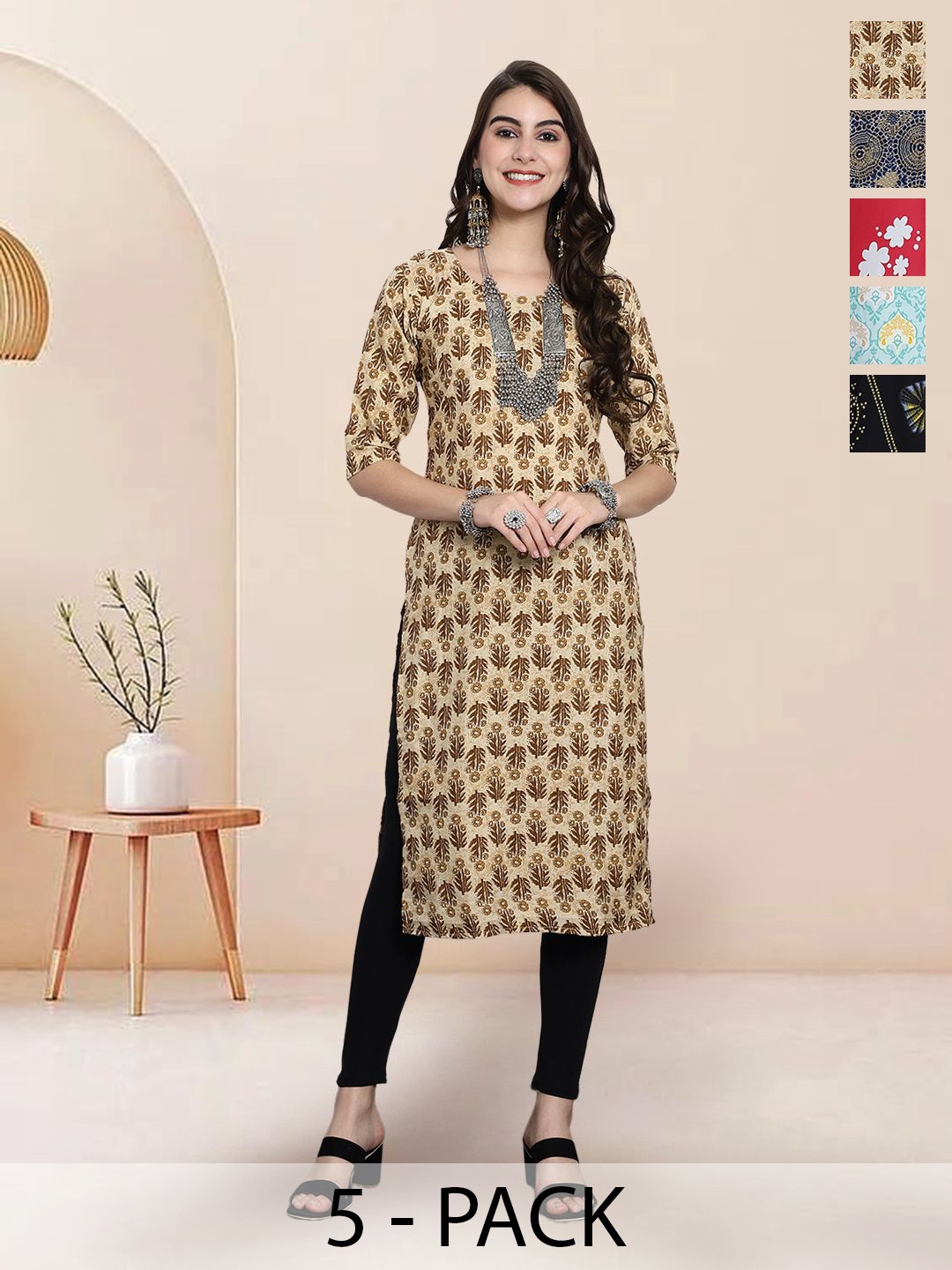 

7Threads Selection Of 5 Floral Printed Round Neck Straight Kurtas, Beige