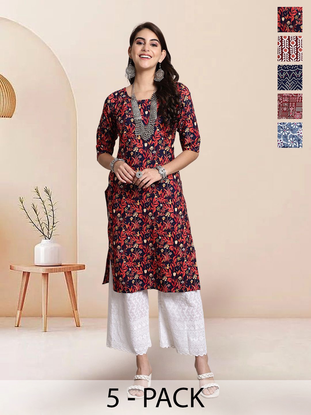 

7Threads Selection Of 5 Floral Printed Round Neck Straight Kurtas, Navy blue