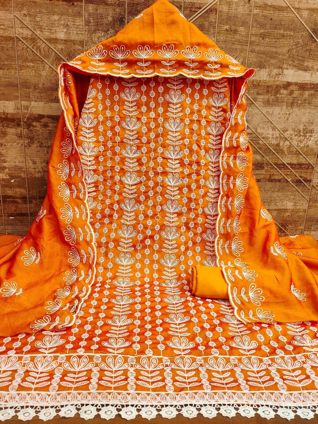 

A TO Z CART Floral Embroidered Pure Silk Unstitched Dress Material, Orange